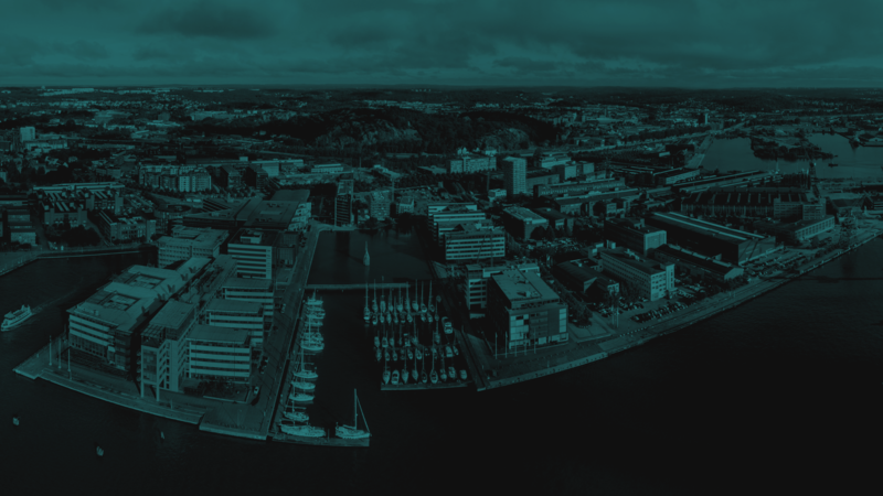 Aerial image of Lindholmen with a green filter.